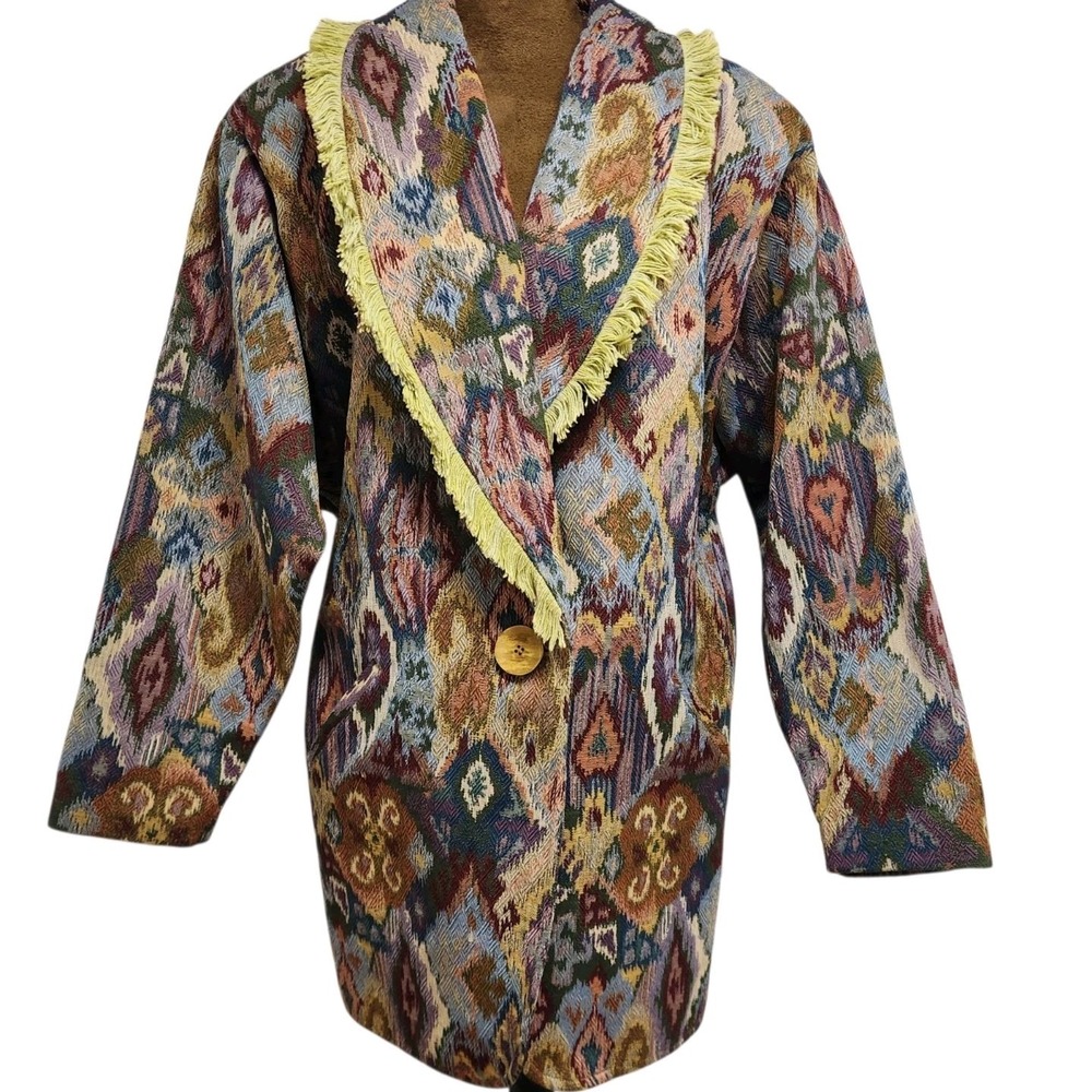 Vintage Floral Tapestry Jacquard Jacket Colorful Fringe Statement M Oversized